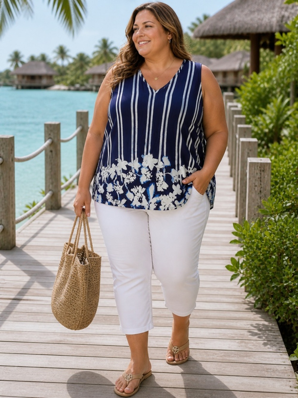 Lane Bryant Plus Size 24 Navy White Striped Floral Sleeveless V-Neck Flowy Top